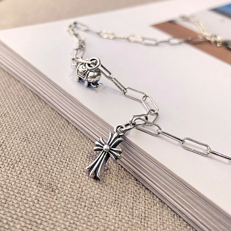 S925 Pure Silver Necklace Woman Tai Yin Personality Tide Skull Head Pendeloque Cut Jewelry