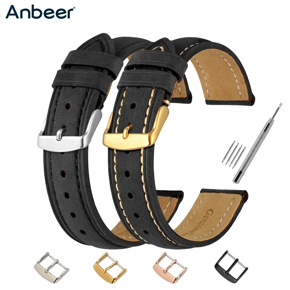 

Anbeer Men Ladies Watch Strap Suede Crazy Horse Leather Watchband Black,Width(18mm 20mm 22mm)