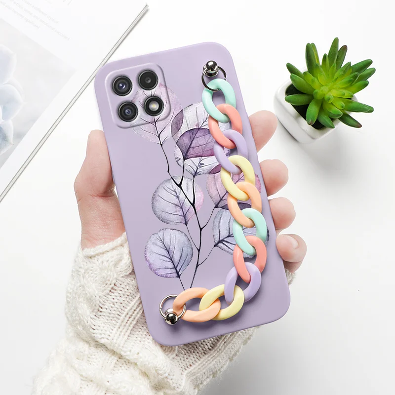 samsung cute phone cover For Samsung A22 Case Phone Back Cover For Samsung Galaxy A22 4G 5G GalaxyA22 A 22 Bumper Soft Silicone Wrist Chain Fundas Flower silicone case for samsung