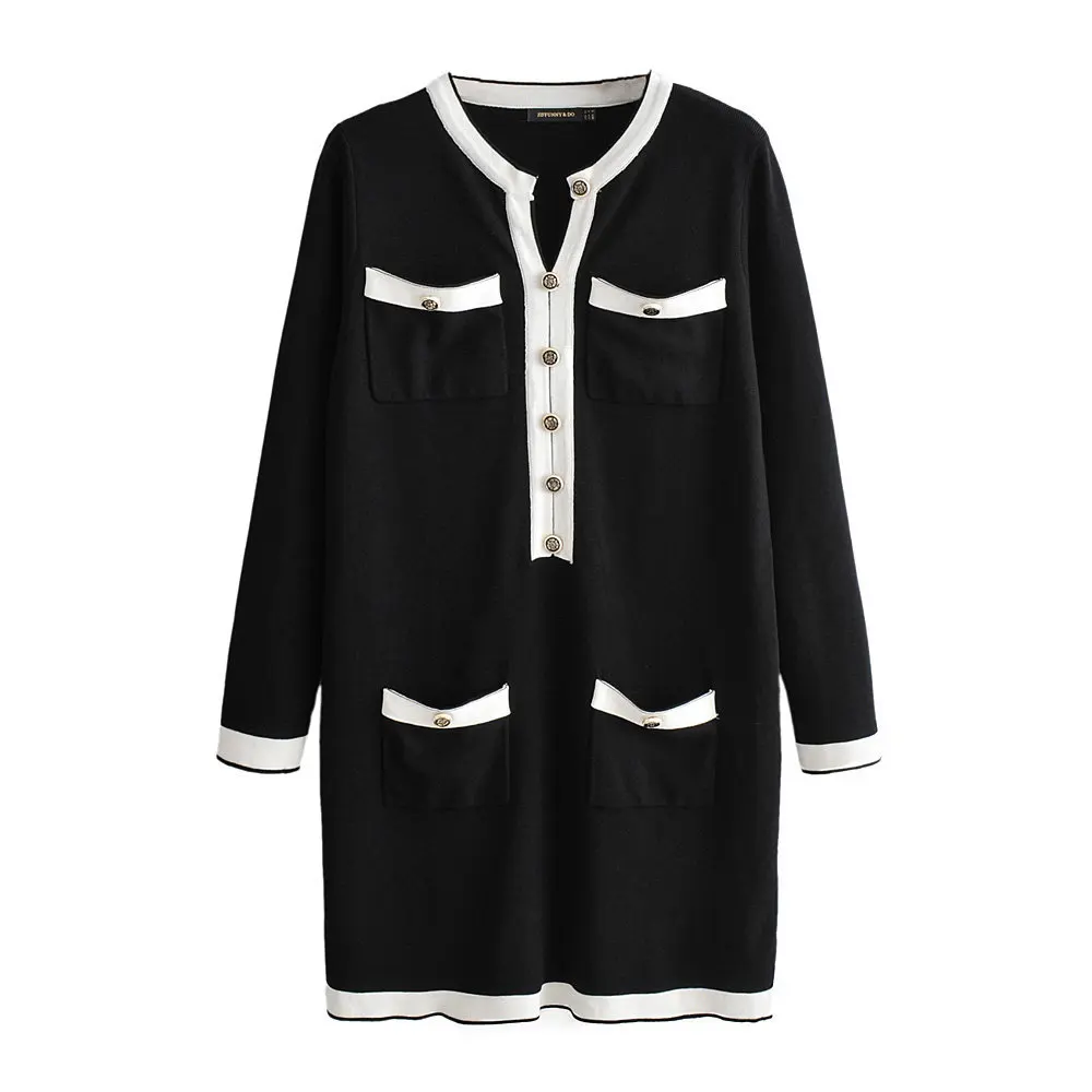

Europe And America WOMEN'S Dress 2019 Autumn New Style Graceful Black And White Mixed Colors Jersey Dress A8ls1736