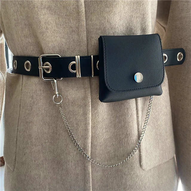 Punk New Silver Pin Buckle Tassel Chain Belt Black Faux Leather Hollow Rivet Waist Strap Hot Small