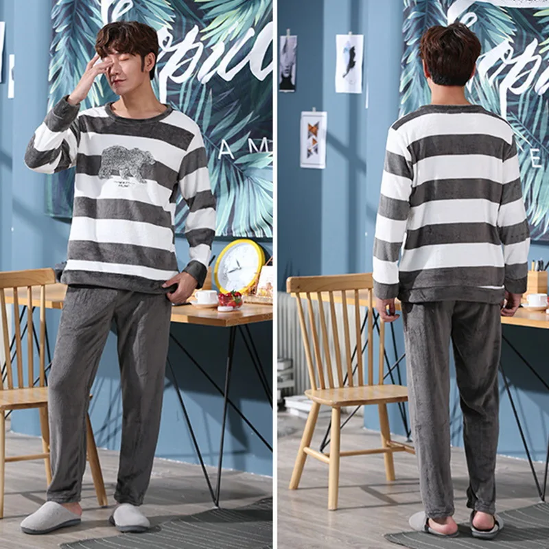 Christmas Pijamas Men Winter Thick Warm Flannel Mens Pajama Set Long Sleeve Coral Velvet Sleepwear Suit Loungewear Home Clothes