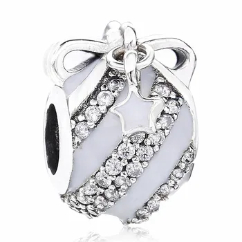 

New 925 Sterling Silver Bead Charm Pave Stripe Christmas Ornament With Star & Moon Beads Fit Pandora Bracelet Bangle Diy Jewelry