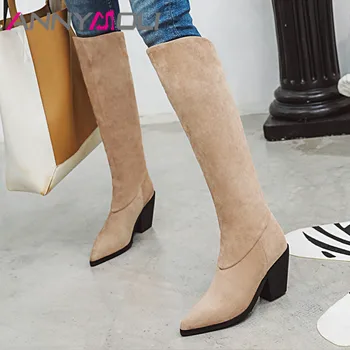 

ANNYMOLI Women Knee-High Boots Shoes High Heel Western Boots Pointed Toe Thick Heels Long Boots Lady Winter Apricot Wine Red 46