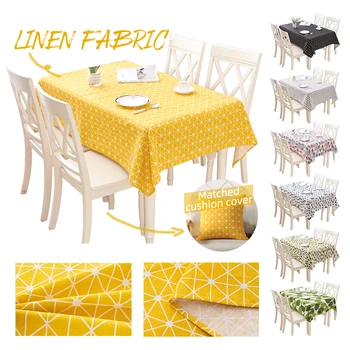 

Linen Fabric Dustproof Geometric Plaid Plant Patterned Table Cover Cloth For 4/6 people rectangular