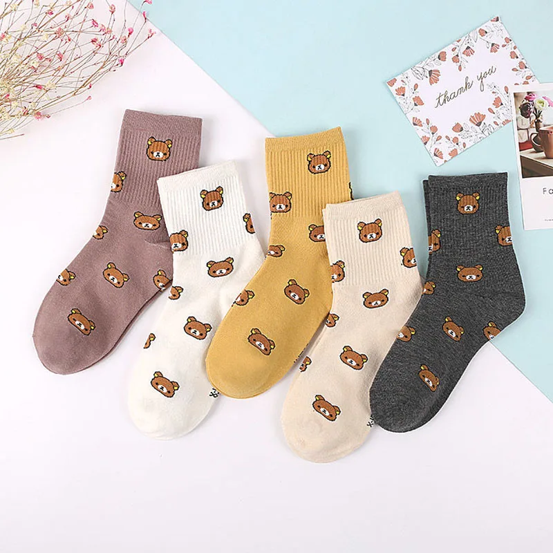 

1 Pair Cotton socks Fashionable bear socks of Cute cartoon women's pure five Colors of pure Cotton Female socks Cotton socks