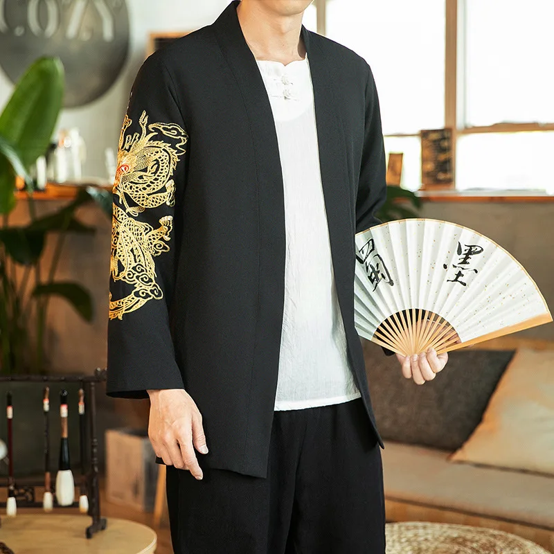 

Kimono Cardigan Men Vintage Embroidery Dragon Phoenix Coat Japanese Samurai Clothing Men Yukata Haori Summer Plus Size Beach Top