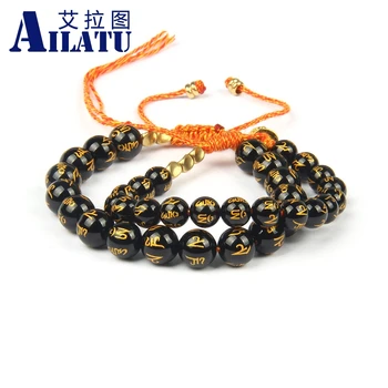 

Ailatu Stone Carved OM Mani Padme Hum Beaded Bracelet With Tibetan Totem Buddhism Hand Braided Cotton thread Lucky Knots Jewelry