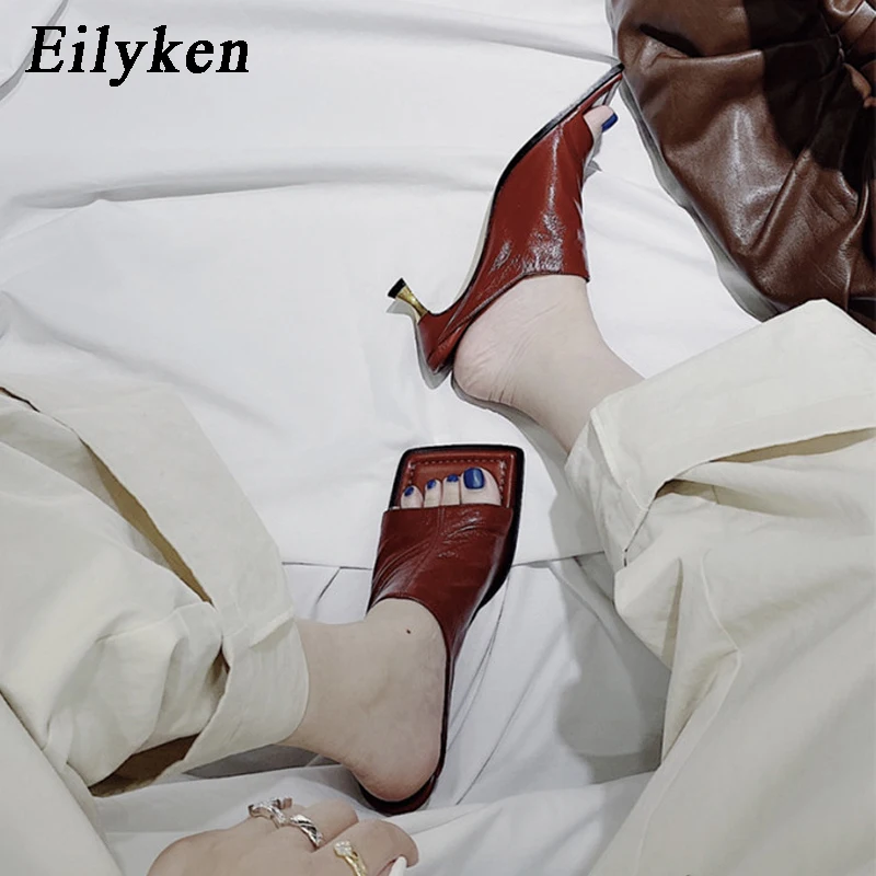 

Eilyken New Fashion Classic Square Toe Slip On Shoes For Women Solid Slides Summer Outdoor Metal Strange High Heel Sandals