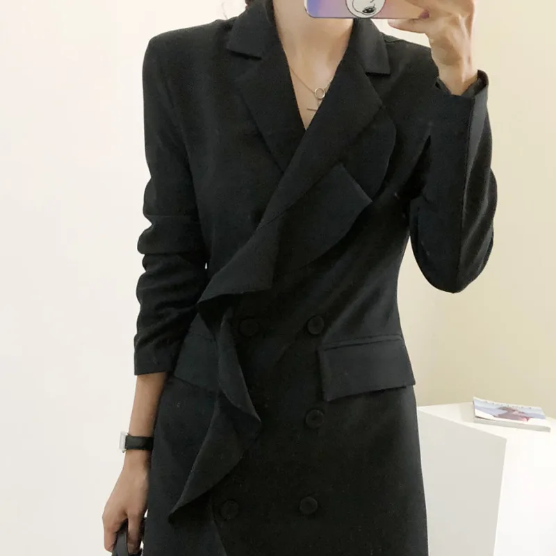 2020 Autumn Korean Office Lady Suit Coat Notched Soild Ruffles Double Breasted Casual Long Thin Wide-waisted Woman Blazer Jacket