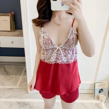 

Strap Top&Shorts Women 2PCS Pajamas Satin Nightwear Sexy Sleepwear Intimate Lingerie Pyjamas Suit Lace Patchwork Sleep Set