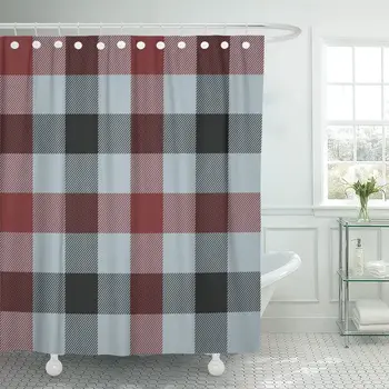 

Pattern Tartan Plaid Three Colors Light Blue Dark Red Shower Curtain Waterproof Fabric 72 x 72 Inches Set with Hooks