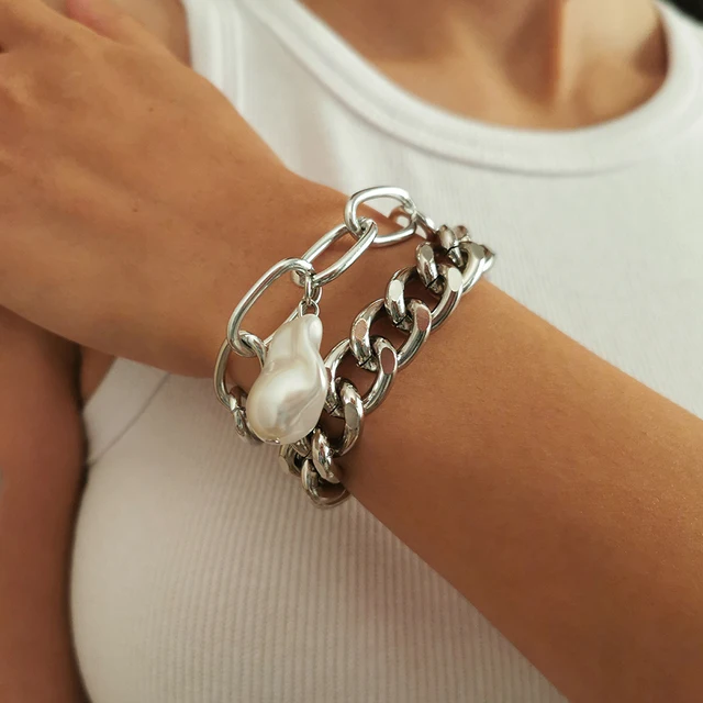 Punk Curb Cuban Chain Bracelets Set for Women Multilayer Miami Boho Thick Gold Color Charm Bracelets Bangles Fashion Jewelry Silver Plated