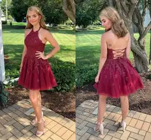 

YiMinpwp Homecoming Dresses Halter Backless Short Appliques Tulle Mini Girls Prom Dress Cocktail Party Gowns