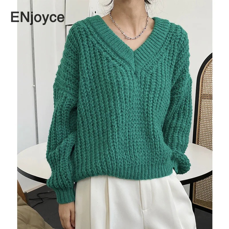 

Fall Winter Women Vintage Green Soft Pullover Sweater Korean Style Warm Loose Long Sleeve V-Neck Sweaters Knitted Clothes