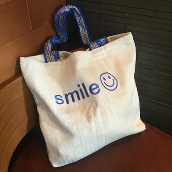 

Korean Makaron Smiling Canvas Handbag Embroidery Letter Single Shoulder Bag Women's Large Capacity Shopping Bags Bolso Mujer