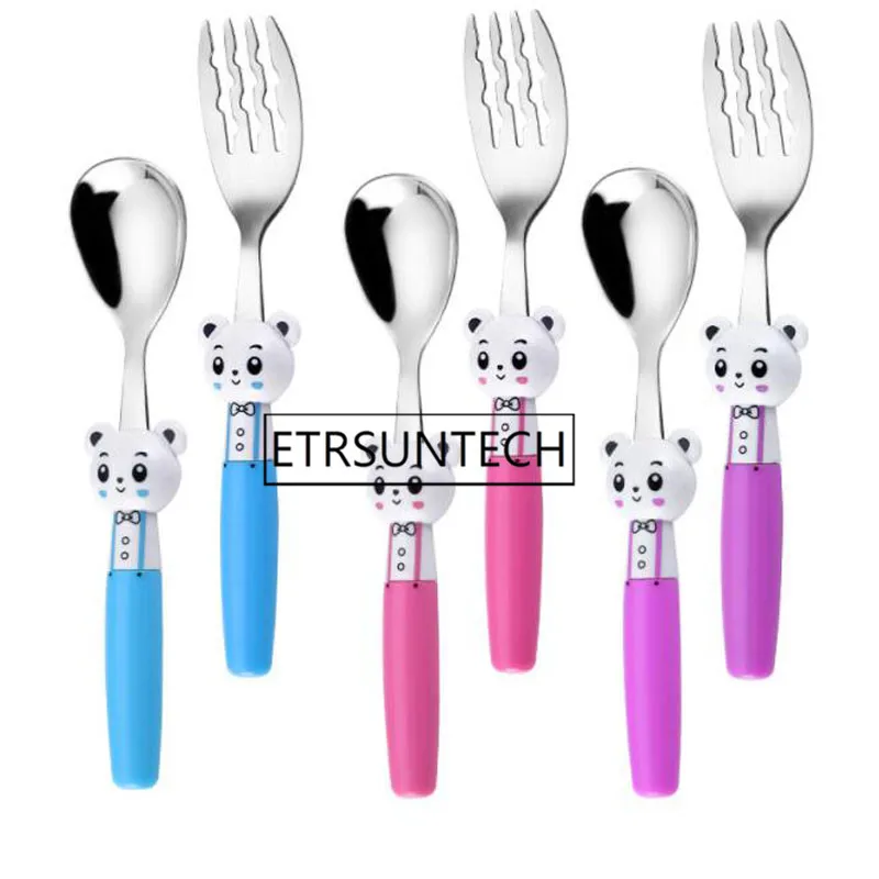 100pcs Cute Kids Spoon Fork Cartoon Bear Handle Stainless Steel Students Tableware for Soup Paste Salad Portable Gifts