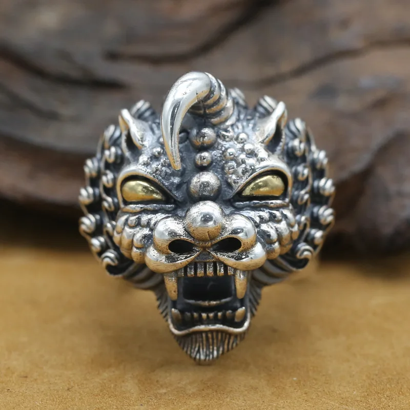 

Sterling Silver Ring S925 Vintage Thai Silver Unicorn Carved Men's Open Ring
