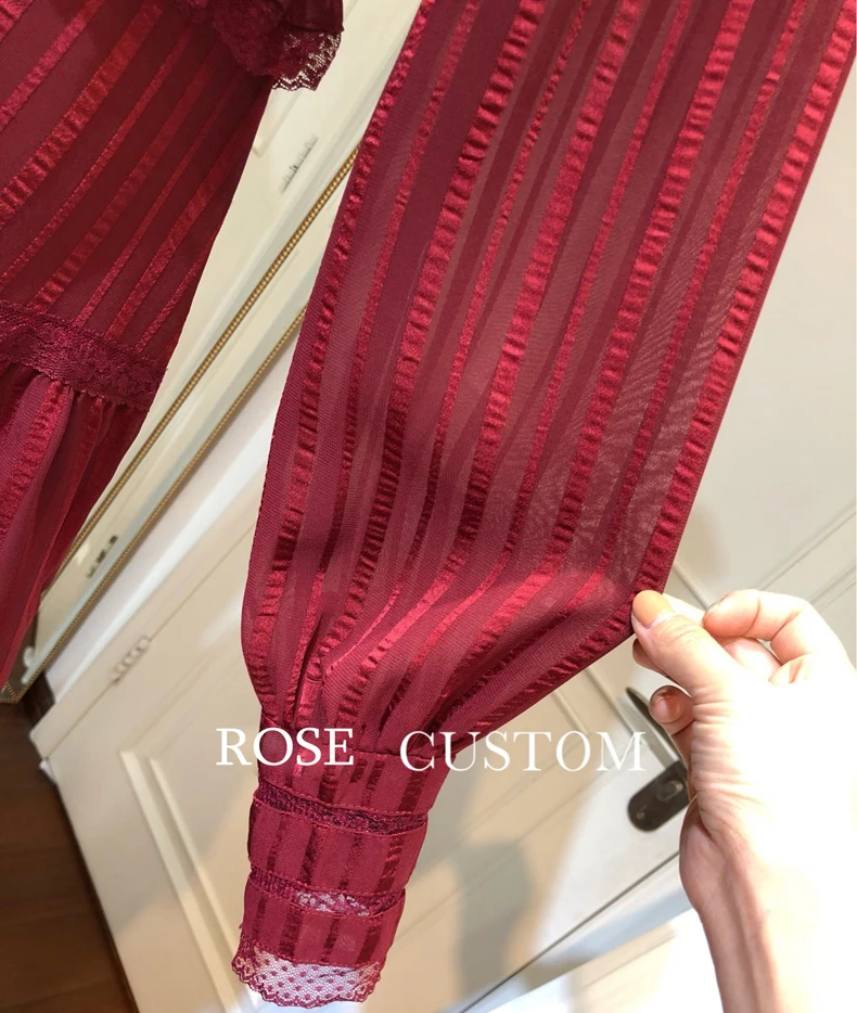 Красный RoosaRosee дизайнерское женское винтажное платье с длинными рукавами и рюшами, кружевное платье элегантное, миди платья для вечеринок женские vestidos robe Femme