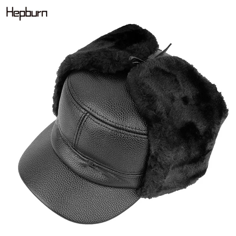 

Hepburn brand Thicken Ushanka Leather Winter Unisex Warm Bomber Hat For Men/Women Russian ear cap fur necessary Cap