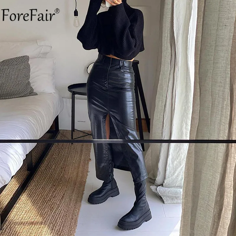 Forefair 2020 осенние черные женские юбка из искусственной кожи Pu Разделение пикантные
