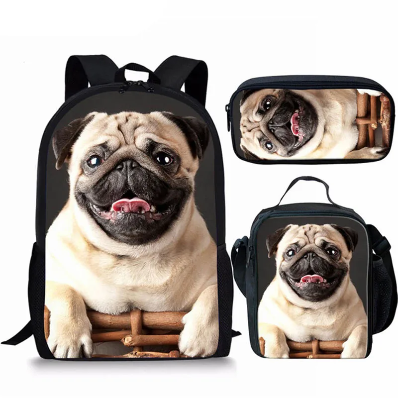 Teenage Girls Boys Book Bags Kids Backpack Cute Puppy Pug Dog Printing 3Pcs Bagpack Children School Bag Student Shoulder Bag