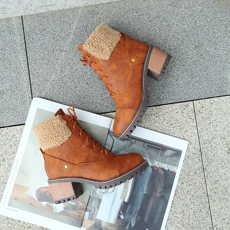 ESRFIYFE 2020 New Women Boots Winter Outdoor Keep Warm Fur Boots Waterproof Women's Snow Boots Thick Heel with Round Head Boots