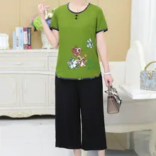 Woman Summer 2 Pieces Suit Set Green Red Blue Flower Top And Loose Cropped Pant Suits Sets Women Ethnical Twinset Outfits 2020