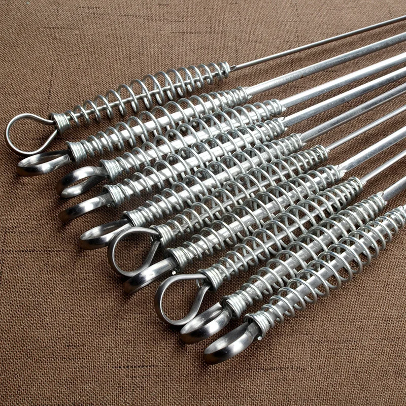 50cm Stainless Steel BBQ Skewer Barbecue Tool Spring Handle Kebab Flat Needle Outdoor Picnic Accessories 6 12pcs
