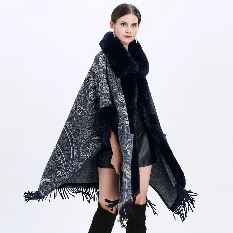 5 Colors Women Winter Thick Loose Poncho Tassel Cape Faux Big Rabbit Fur Collar Cloak Long Woolen Printed Streetwear Coat