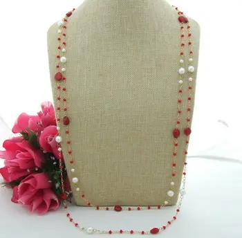 

S101510 74'' White Round Pearl Coral Rondelle Crystal Necklace