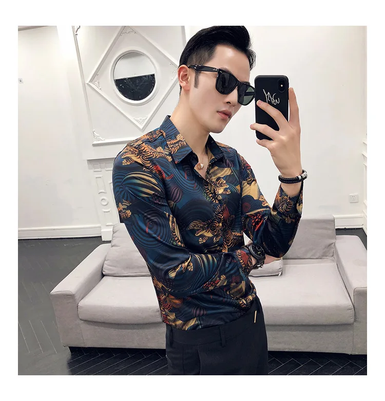 Роскошный рубашка со звериным принтом Для мужчин Slim Fit рубашка с длинными рукавами Camisa Masculina синяя Сорочка мужская, для общественных мест Для мужчин клуб нарядная рубашка