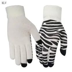 Женские зимние вязаные перчатки с сенсорным экраном, растягивающиеся волшебные перчатки, эластичные милые рукавицы в полоску с принтом
