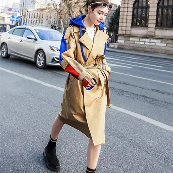 

Elegant Lapel Pockets Belt Hooded Coats Women Vintage Long Trench Coat Loose Outwear Windbreaker