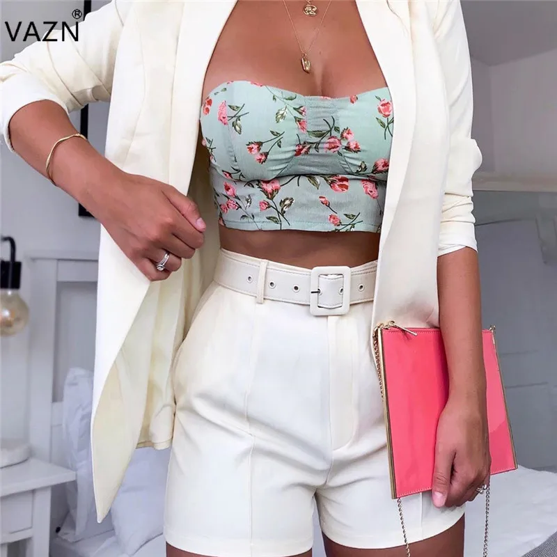 VAZN FD8351 4 цвета тощий принт длинный рукав+ короткие брюки летние женские повседневные 2 шт два Bodycon Женский комплект - Цвет: Белый