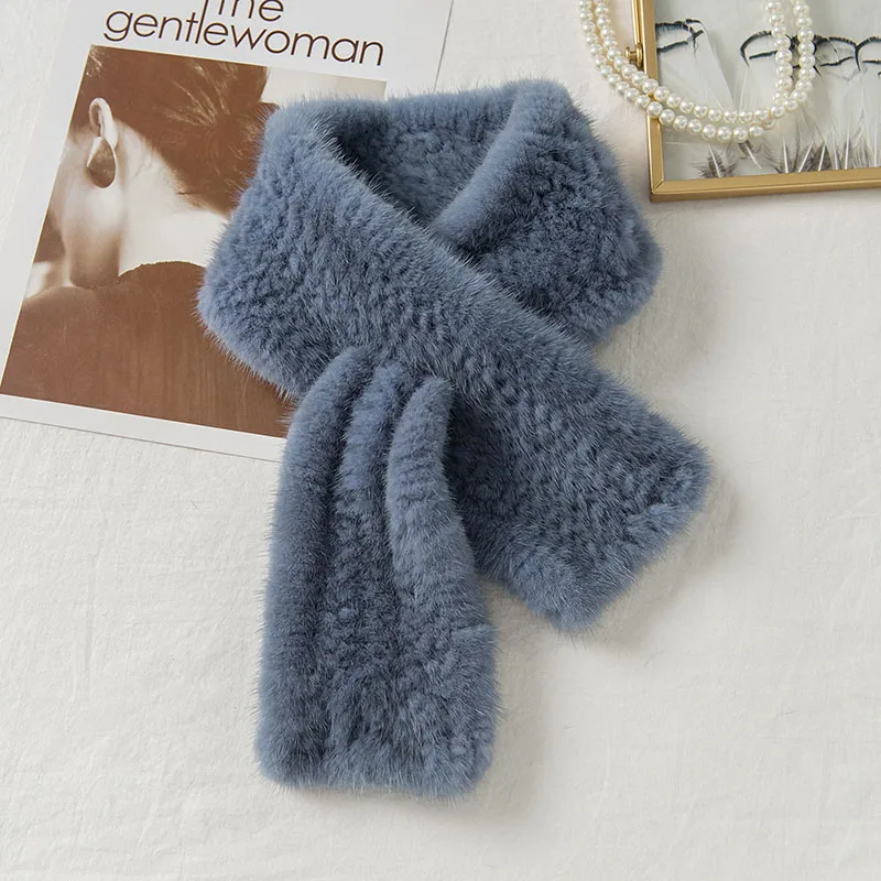 Lantafe меховой зимний шарф для женщин, норковый меховой шарф, простой стиль, натуральный мех, зимний защищающий шею, сохраняет тепло, модный женский шарф - Цвет: Синий