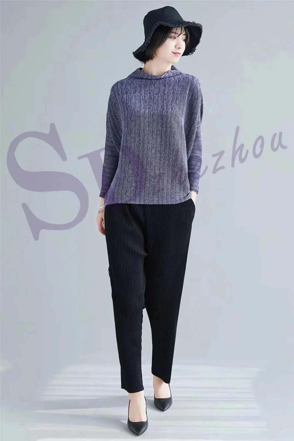 Горячая Miyake fold модная Однотонная футболка со стоячим воротником и рукавами летучая мышь Горячая Распродажа