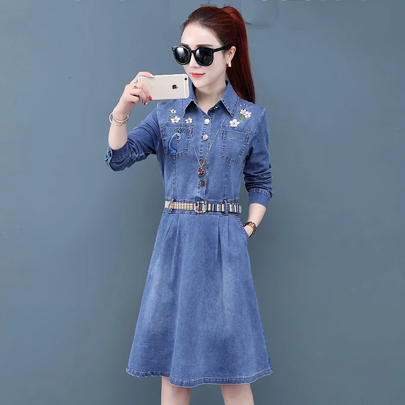 

2019 Spring Renaissance New Fashion Women Denim Jurk Flowers Born Long Mouw Casual dresses Vintage Work clothes Vestidos