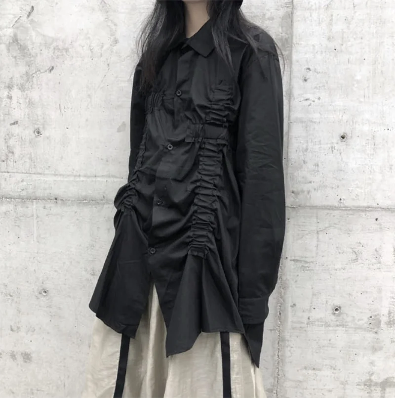 Autumn women's new square collar solid color drawstring pleated design in the long loose casual long sleeve blouse