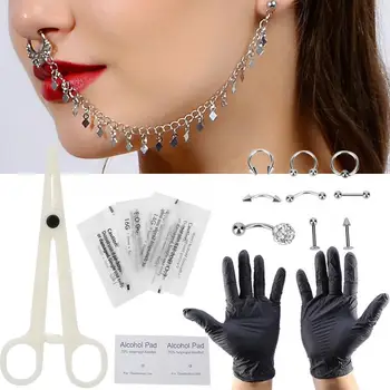 

Professional Body Piercing Tool Kit Disposable Body Tongue Ear Nose Navel Nipple Belly Piercing Rings Gloves Tool Set New