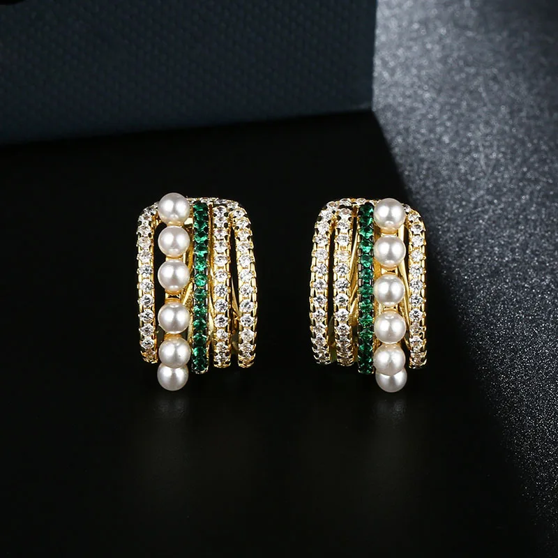 S925 Стерлинговое Серебро, игольчатые Позолоченные Многослойные полукруглые жемчужные серьги-гвоздики, женские роскошные ювелирные изделия