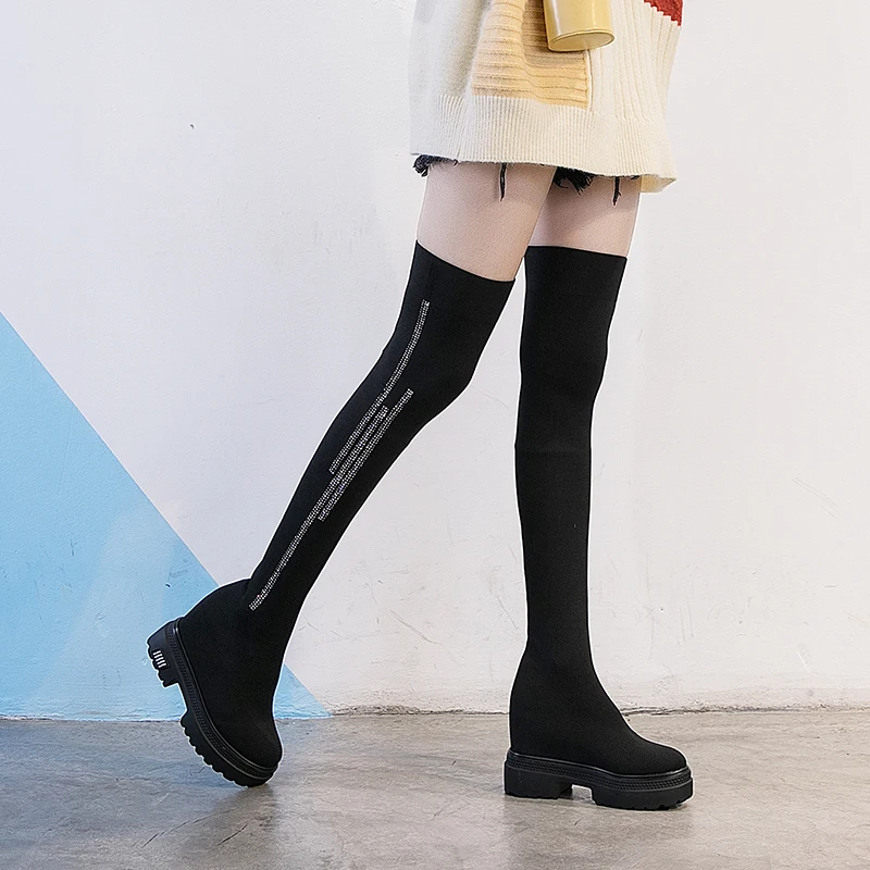 

2019 Winter Women's Boots Stretch Fabric Over The Knee Boots Plus Cotton Flatform Flock Inner Heel Boots Size 35-39