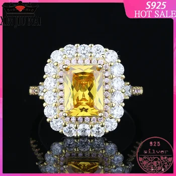 

100% S925 Sterling Silver European and American Fashion Engagement Micro Set with Yellow Gemstone Champagne Square Diamond Ring