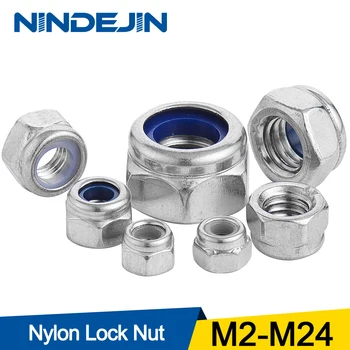 NINDEJIN-tuerca de bloqueo de nailon, tuerca hexagonal de acero inoxidable 304, M2, M2.5, M3 M4 M5 M6 M8 M10 M12, M14, M16, M20, M24, DIN985 1