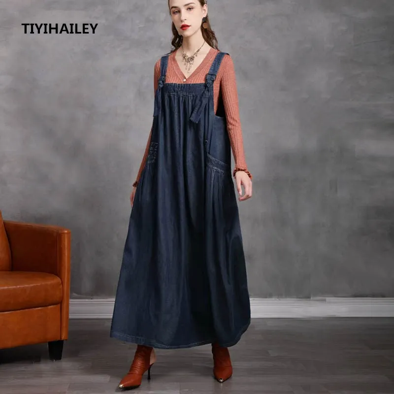 

TIYIHAILEY Free Shipping 2022 Plus Size Loose Fashion Dresses Women Long Maxi Sleeveless Spaghetti Strap Dress With Big Pockets