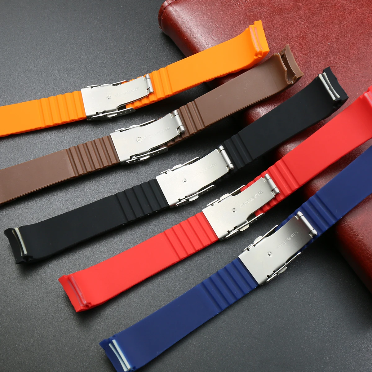 Silicone sports curved strap- black, white, orange, dark blue, brown and red, size 22mm, 24mm