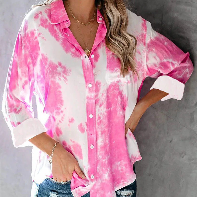

2020 Spring Autumn Women Blouses 4 Color Style Long Sleeve Tie Dye Loose Tops Fashion Casual Button Shirts Mujer