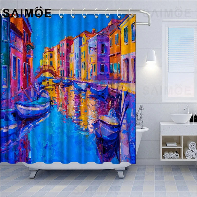 ATOMAX Venice Grand Canal Shower Curtains Waterproof European Wooden Boat Bathroom Curtain Italy Oil Painting Art Bath | Дом и сад