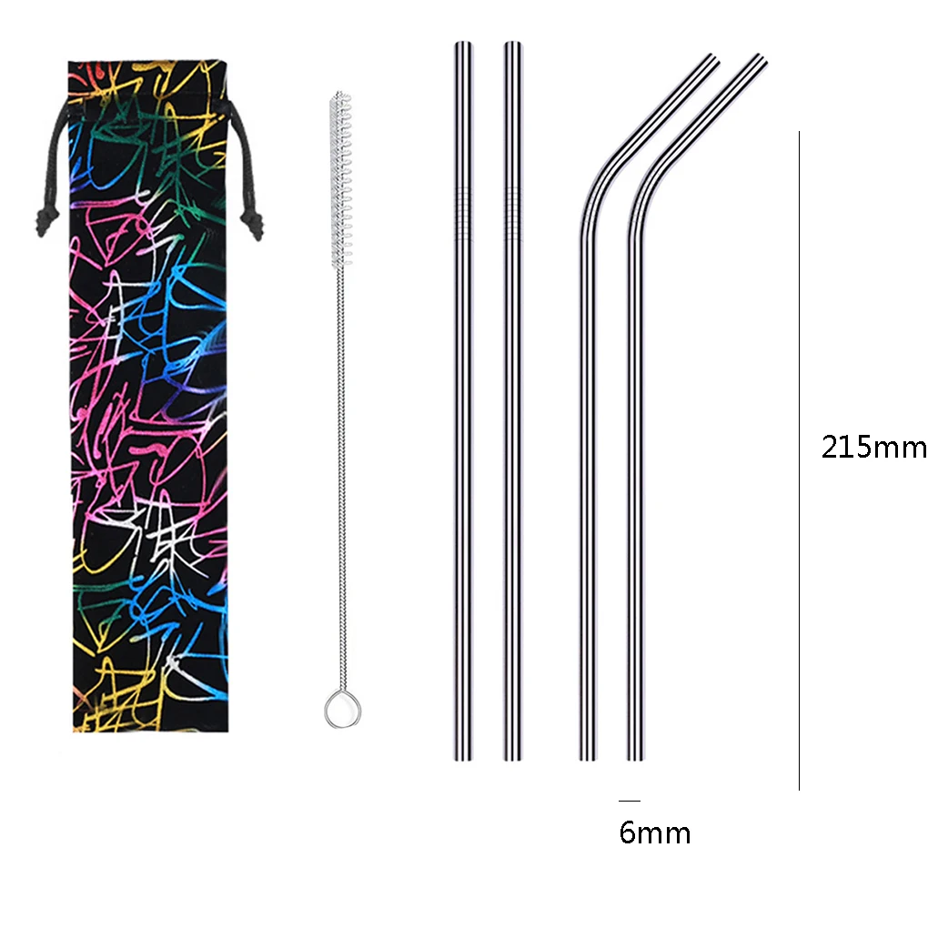Reusable Metal Drinking Straws 6Pcs 304 Stainless Steel Sturdy Bent Straight Drinks