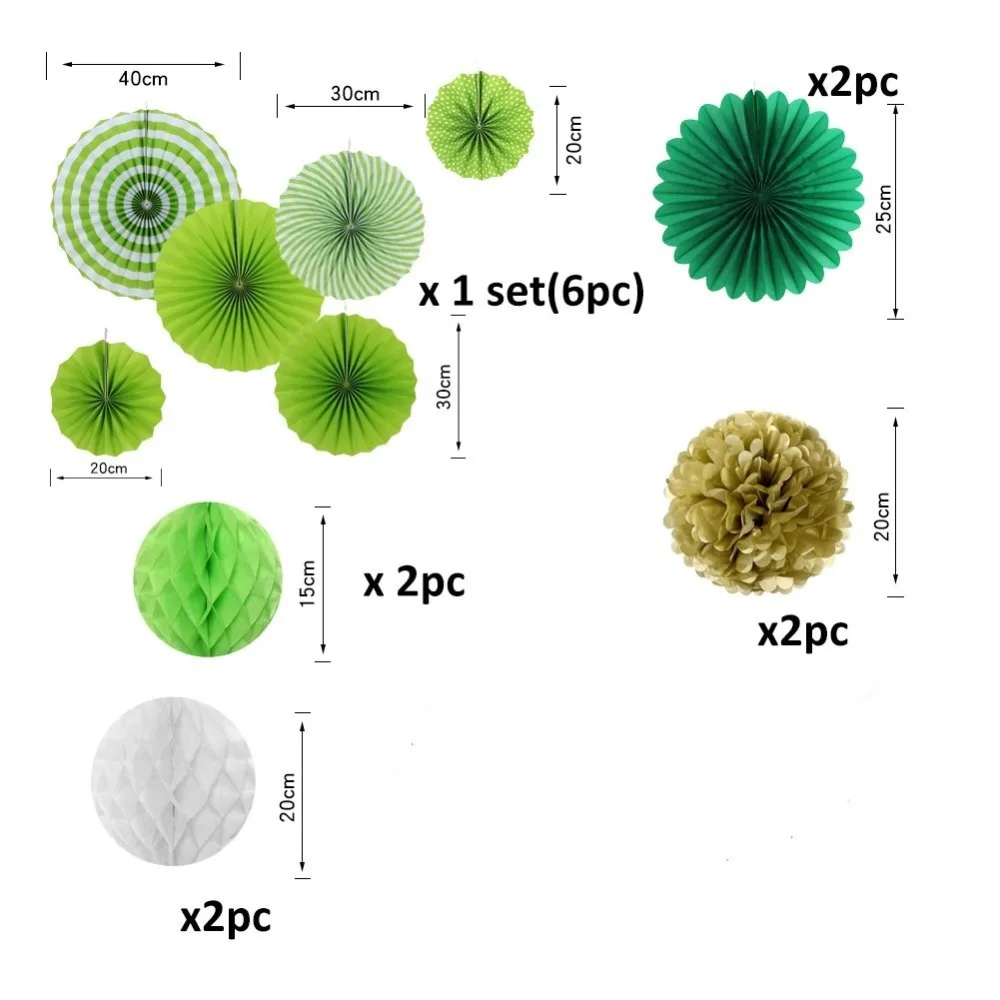 14 шт./компл. зеленый Висячие бумажные вееры Декор Золотой помпон цветок вечерние соты мяч Детская игрушка в ванную Свадебные праздничные украшения